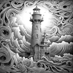 K&ouml;nnte beinhalten: Eine Schwarzwei&szlig;illustration eines Leuchtturms, der auf einem felsigen Vorgebirge steht und von wirbelnden Wellen umgeben ist. Der Leuchtturm hat einen hohen, zylindrischen Turm mit einem kleinen, quadratischen Geb&auml;ude an seiner Basis. Die Wellen sind in einer stilisierten, abstrakten Art und Weise dargestellt, was ein Gef&uuml;hl von Bewegung und Energie erzeugt.
