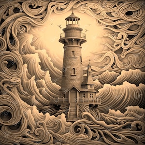 K&ouml;nnte beinhalten: Ein steinernen Leuchtturm mit einem wei&szlig;en Dach und einer Holzt&uuml;r steht auf einer Plattform, umgeben von stilisierten Wellen. Der Leuchtturm steht vor einem Hintergrund aus wirbelnden, strukturierten Wellen.
