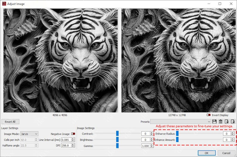 K&ouml;nnte beinhalten: Ein Schwarzwei&szlig;bild einer Tigerskulptur mit aufwendigen Details. Das Bild ist in zwei Abschnitte unterteilt, die verschiedene Blickwinkel auf die Skulptur zeigen. Das Bild wird verwendet, um die Funktionen der Bildbearbeitungssoftware zu demonstrieren, darunter "Enhance Radius" und "Enhance Amount".