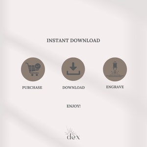 K&ouml;nnte beinhalten: Eine Grafik mit drei Symbolen, die die Schritte zum Kauf, Herunterladen und Gravieren eines digitalen Designs darstellen. Die Symbole sind ein Einkaufswagen, ein Download-Pfeil und ein Lasergravurwerkzeug. Der Text "INSTANT DOWNLOAD" befindet sich &uuml;ber den Symbolen, und der Text "ENJOY!" befindet sich unter den Symbolen.