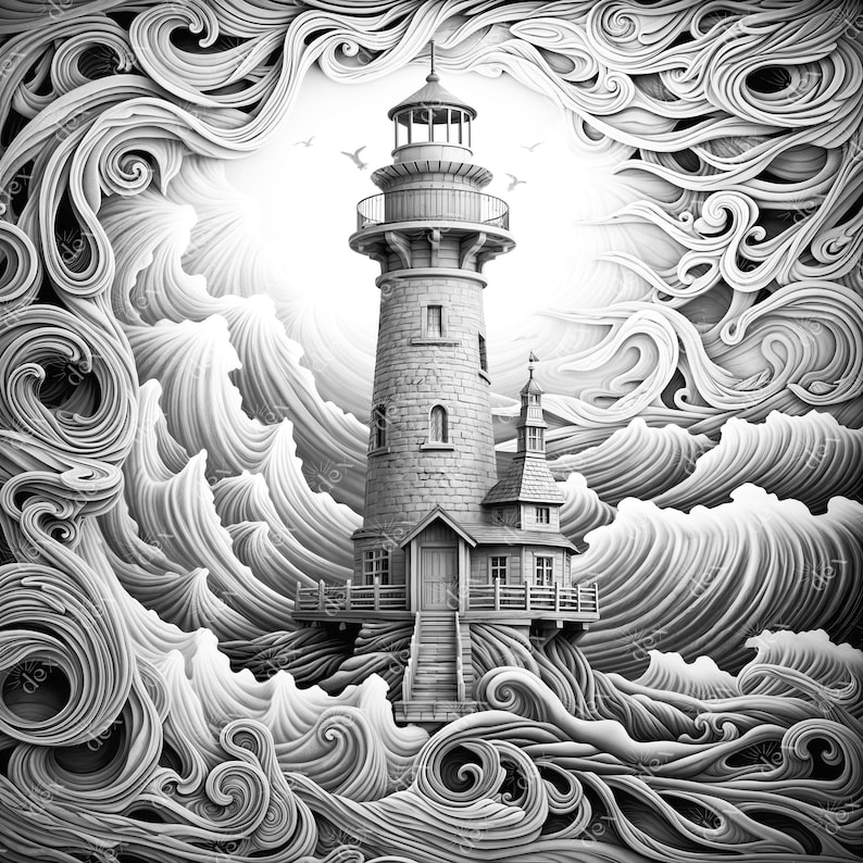 K&ouml;nnte beinhalten: Eine Schwarzwei&szlig;illustration eines Leuchtturms, der auf einem felsigen Vorsprung steht und von wirbelnden Wellen umgeben ist. Der Leuchtturm hat einen hohen, zylindrischen Turm mit einem kleinen, quadratischen Geb&auml;ude, das an der Seite angebracht ist. Die Wellen sind stilisiert und abstrakt dargestellt und erzeugen ein Gef&uuml;hl von Bewegung und Energie.