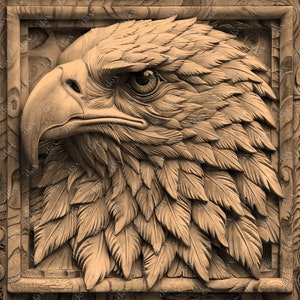 May include: A detailed wood carving of an eagle's head with intricate feathers. The carving is framed in a wooden square.