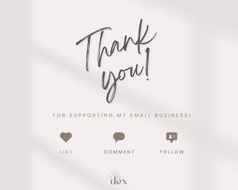 K&ouml;nnte beinhalten: Vielen Dank f&uuml;r die Unterst&uuml;tzung meines kleinen Unternehmens! Ein wei&szlig;er Hintergrund mit schwarzem Text und drei Symbolen. Die Symbole sind ein Herz, eine Sprechblase und eine Person mit der Nummer 1 &uuml;ber ihrem Kopf. Der Text unter den Symbolen lautet "Gef&auml;llt mir", "Kommentieren" und "Folgen".