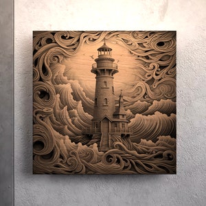 K&ouml;nnte beinhalten: Eine detaillierte Holzschnitzerei eines Leuchtturms, der auf einem felsigen Vorsprung steht, umgeben von wirbelnden Wellen. Die Schnitzerei ist in Braun- und Schwarzt&ouml;nen gehalten und erzeugt einen dramatischen und realistischen Effekt.