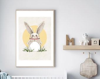 Arte da parete per bambini con coniglietto, regalo di arredamento per la cameretta dei bambini, coniglietto in acquerello stampabile, regalo di compleanno per neonati e bambini, regalo per la doccia per bambini disegnato a mano