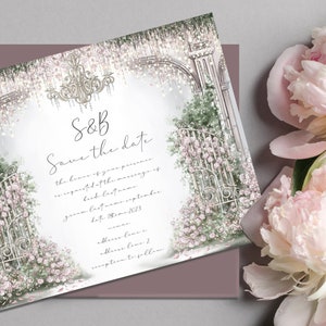 Tarjeta de invitación de boda digital imprimible personalizada con temática de puerta, opciones de personalización disponibles, diseño único, dibujada a mano