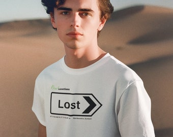 Lost road sign t-shirt. The funny but very real location printed on a unisex crew neck soft style cotton tee. A gift for any occasion