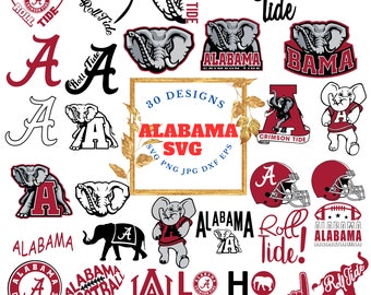 Può includere: Una collezione di 30 design digitali con il logo dell'Alabama Crimson Tide, la sua mascotte e varie frasi come "Roll Tide" e "Bama". I design sono in rosso, bianco e nero.