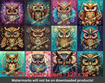 Steampunk Owls Digital Paper - Printable Scrapbook Paper, Journal Paper, Cards, Owl Clipart, Commercial Use