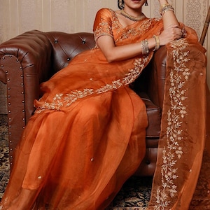 Orange Pure Viscose Organza Saree Sequin Work Saree Bordered Embroidery Saree Wedding Saree for Bride Saree Bridal Saree Gift for Her