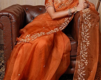 Orange Pure Viscose Organza Saree Sequin Work Saree Bordered Embroidery Saree Wedding Saree for Bride Saree Bridal Saree Gift for Her
