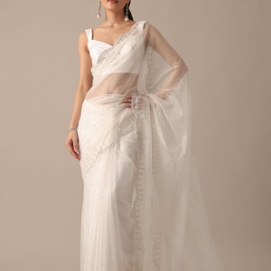 White Organza Saree Zardozi Saree White Saree Cut Dana Saree White Beads Saree for Wedding Saree for Reception Saree for Celebrations
