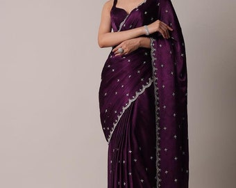 Wine Chinon Saree with Stone Work Saree Festival Wear Saree Ethnic Wear Saree Indian Saree Purple Saree for Women Saree Designers Saree