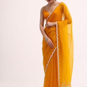 Orange Pailletten Saree Organza Saree Party Wear Saree Designers Saree Indisch Ethnic Saree Haldi Saree für Mutter Saree für Freundin Saree