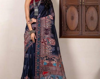 Kadambari Madhubani Kalamkari Saree Blue Saree Digital Printed Saree Handloom Saree Cotton Silk Saree Digitally Printed Saree for Festivals
