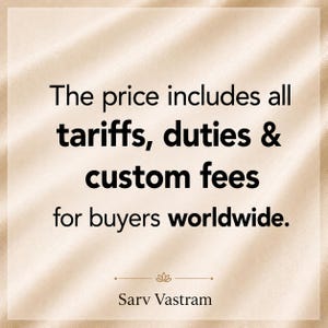 May include: A beige square graphic with black text that reads: The price includes all tariffs, duties & custom fees for buyers worldwide. Below the text is a small lotus icon and the brand name Sarv Vastram centered at the bottom.