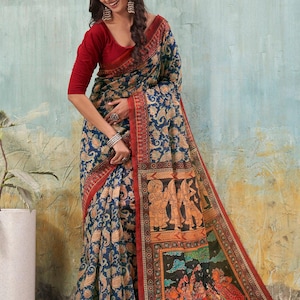 Raas Leela Kalamkari Saree Krishn Radha Saree Digital Printed Saree for Traditional Saree for Her Saree for Gift Saree for Festival Function image 3
