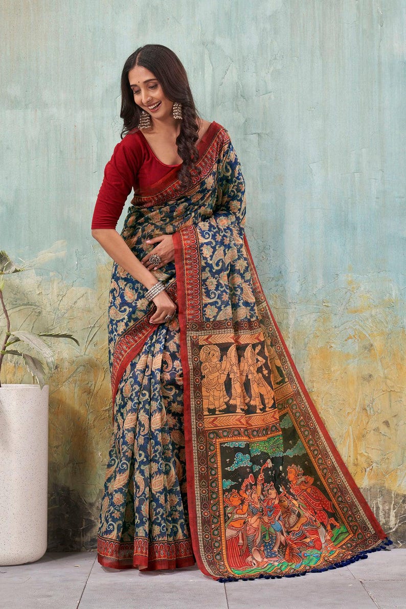 Raas Leela Kalamkari Saree Krishn Radha Saree Digital Printed Saree for Traditional Saree for Her Saree for Gift Saree for Festival Function image 3