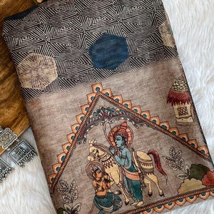 Charitra Kalamkari Saree Geometric Patterned Digital Saree for Traditional Saree for Her Saree Digital Print Saree for Festival Functions