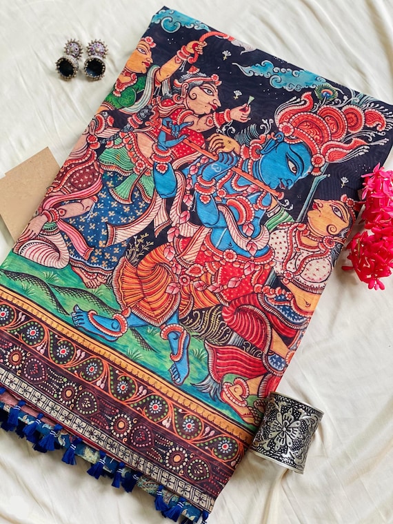 Raas Leela Kalamkari Saree Krishn Radha Saree Digital Printed Saree for Traditional Saree for Her Saree for Gift Saree for Festival Function