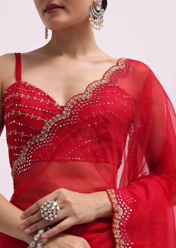 strapless open back dress Bright Red Saree With Gold Highlights- Wedding Collection main image 1