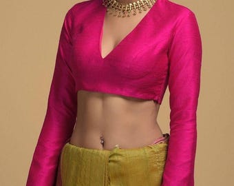 Pink Blouse for Saree Readymade Blouse Raw Silk Blouse for Saree Party Wear Blouse Custom Stitched Blouse for Women Blouse Round Neck Blouse