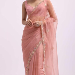 Onion Pink Saree Organza Saree Sequins Saree Marriage Saree for Bridesmaid Saree for Gift Saree for Festivals Saree Wedding Saree for Her image 6