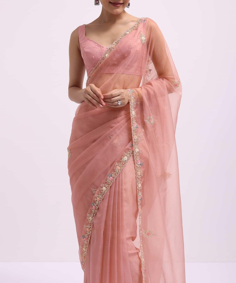 Onion Pink Saree Organza Saree Sequins Saree Marriage Saree for Bridesmaid Saree for Gift Saree for Festivals Saree Wedding Saree for Her image 6