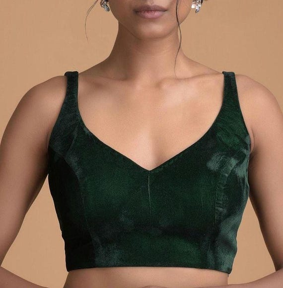 Green Blouse for Saree V Neck Blouse Readymade Blouse Velvet Blouse Desginer Blouse Piece for Wedding Blouse for Christmas Present