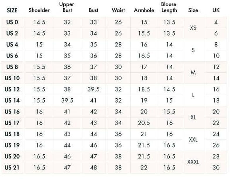 Pode incluir: Uma tabela de tamanhos em preto e branco para uma blusa, com colunas para tamanhos dos EUA de 0 a 21, medidas correspondentes para ombro, busto superior, busto, cintura, cava e comprimento da blusa em polegadas, al&eacute;m de XS a XXXL e UK.