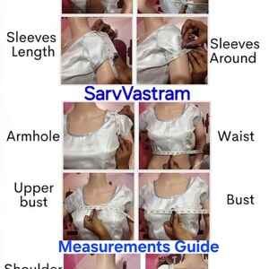 Puede incluir: Una gu&iacute;a de medidas SarvVastram con una blusa plateada de manga corta y espalda descubierta. La imagen muestra diez paneles que ilustran c&oacute;mo medir el cuello delantero, cuello trasero, largo de manga, contorno de manga, sisa, cintura, contorno superior, busto, hombro y largo total de la blusa usando una cinta m&eacute;trica blanca.