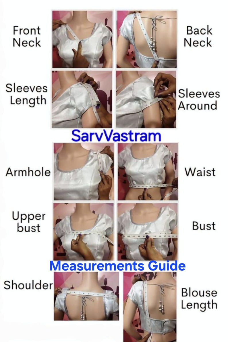 Pode incluir: Um guia de medidas SarvVastram com uma blusa prateada de manga curta e costas abertas. A imagem mostra dez pain&eacute;is ilustrando como medir o decote frontal, decote traseiro, comprimento da manga, circunfer&ecirc;ncia da manga, cava, cintura, busto superior, busto, ombro e comprimento total da blusa usando uma fita m&eacute;trica branca.