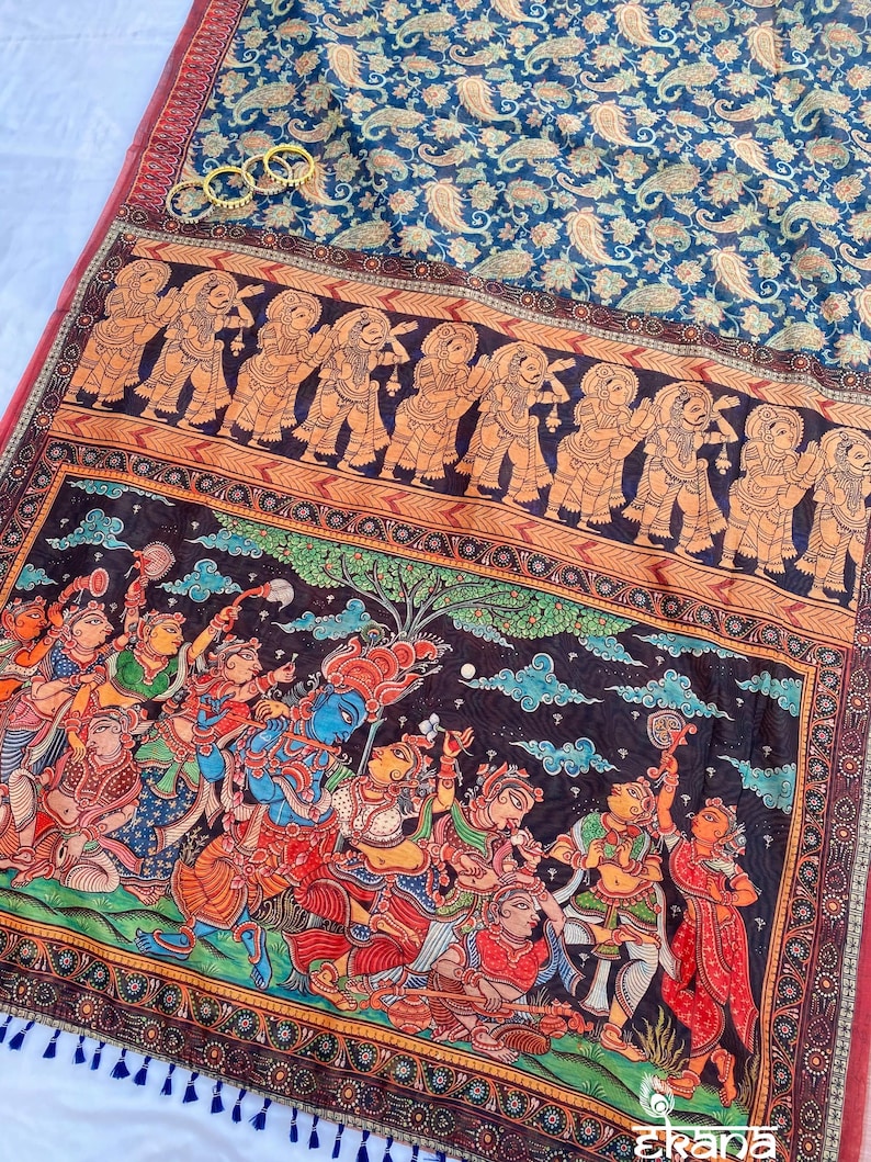 Raas Leela Kalamkari Saree Krishn Radha Saree Digital Printed Saree for Traditional Saree for Her Saree for Gift Saree for Festival Function image 4