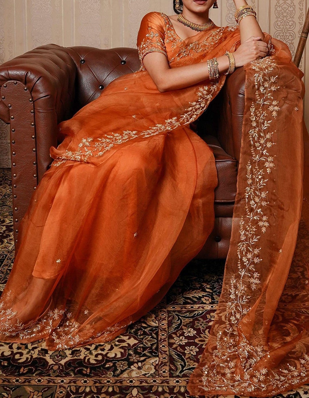 Orange Embroidered Satin Organza Saree