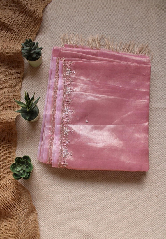 Pink Saree Hand Work Saree Embroidered Saree Tissue Saree Luxurious Saree for Wedding Saree for Celebrations Saree Christmas Gift for Her