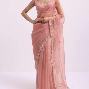 Onion Pink Saree Organza Saree Sequins Saree Marriage Saree for Bridesmaid Saree for Gift Saree for Festivals Saree Wedding Saree for Her image 4