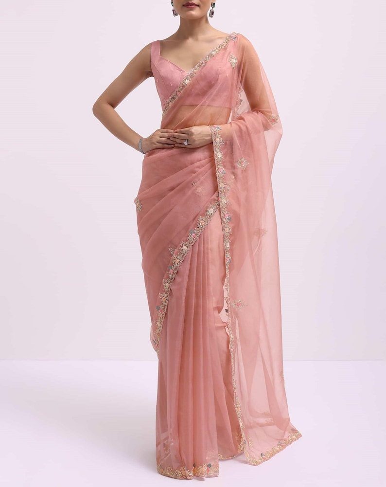 Onion Pink Saree Organza Saree Sequins Saree Marriage Saree for Bridesmaid Saree for Gift Saree for Festivals Saree Wedding Saree for Her image 4