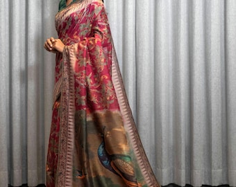 Pink Kasturi Kalamkari Saree Peacock Print Saree Digital Print Saree Handloom Saree Silk Saree Cotton Saree Ethnic Wear Saree for Festivals