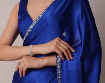 Blue Chinon Saree with Stone Work Saree Festival Wear Saree Ethnic Wear Saree Indian Saree Purple Saree for Womens Saree for Celebrations