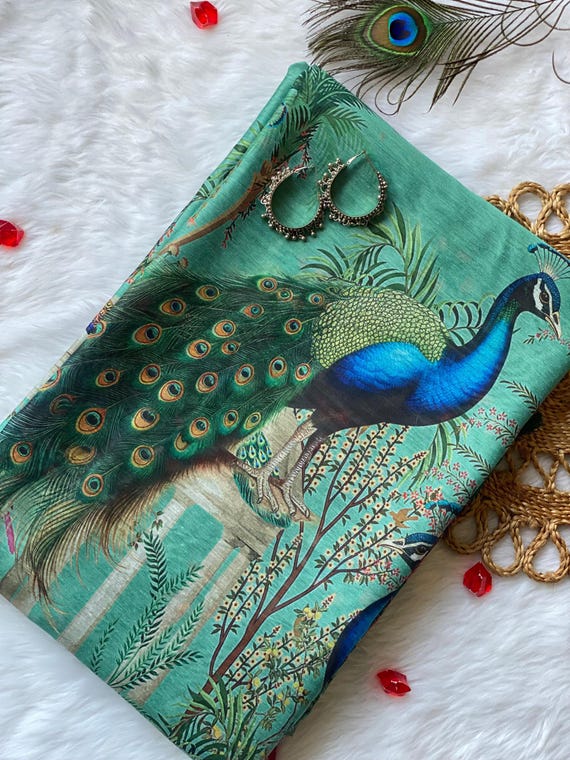 Meghmayuri Pichwai Saree Peacock Saree Handloom Cotton Silk Saree Digitally Printed Saree Kalamkari Saree for Her Saree for Festivals