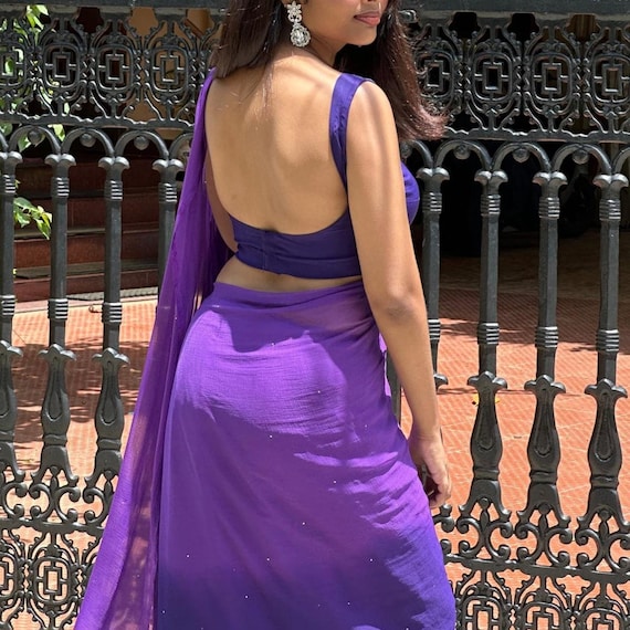 Purple and Lavender Hand Dyed Chiffon Saree Sequin Work Saree Soft Saree Lightweight Saree for Wedding Saree for Party Sari for Her