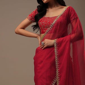 Saree Cut Dana Work Saree for Party Organza Saree for Festival Ethnic Indian Saree for Wedding Red Saree for Bridesmaid Gift for Bride Saree