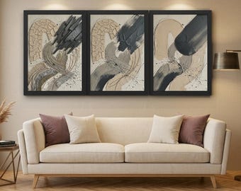 Abstract Textured Triptych Print, Beige Anthracite Modern Wabi Sabi Wall Art (Digital Download)