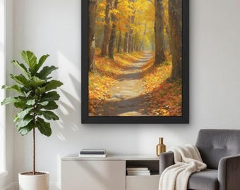 Autumn Forest Path Oil Painting, Impressionist Landscape Wall Art (Digital Print)