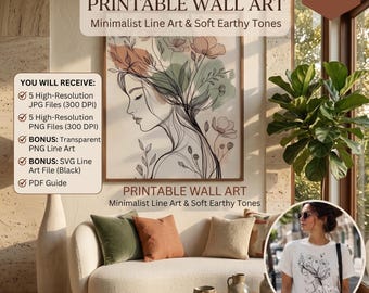 Botanical Woman Wall Art Printable, Line Art Print, Boho Floral Decor, Neutral Gallery Wall, SVG PNG JPG pdf Download