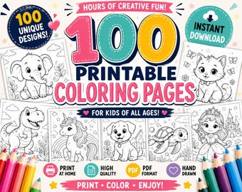 100 Printable Coloring Pages for Kids | Cute Animals Coloring Book PDF | Hand Drawn Activity Book | Instant Download