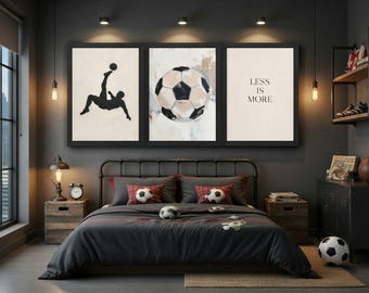 Soccer Wall Art Set of 3, Teen Boys Bedroom Decor, Minimalist Sports Print, Man Cave Gift for Him, Coach Appreciation, Instant Download