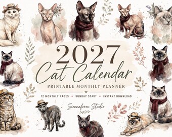 2027 Cat Calendar Printable | Sunday Start Wall Calendar | Watercolor Cat Lover Gift | Digital Download | Pet Care Tracker Bonus
