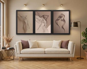 Minimalist Woman Line Art Triptych Set of 3 Abstract Feminine Beige Wall Art Boho One Line Drawing Printable Digital Download Bedroom Decor