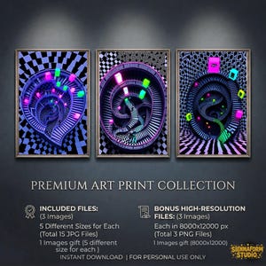 Può includere: Un trittico di stampe artistiche incorniciate con disegni di illusioni ottiche surreali. Ogni stampa presenta una scala a chiocciola con forme geometriche dai colori neon su uno sfondo a scacchi o fantasia in bianco e nero. La collezione è etichettata come "PREMIUM ART PRINT COLLECTION".